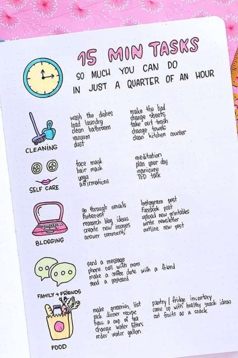 Instead of letting your free 15 minutes go to waste, use it productively. Make a list of small tasks, including chores, work-related tasks, and self-care activities that can be completed in 15 minutes. #Bujo #BulletJournal #Produtivity Small Tasks To Do Everyday, 15 Min Tasks, 15 Minute Tasks, Productivity List, Productive To Do List, Bujo Productivity, Journal Productivity, Care Tasks, Productivity Journal