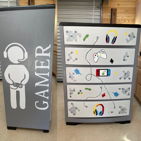 Gaming Dresser Ideas, Gamer Dresser, Boys Video Game Bedroom, Video Game Bedroom Ideas, Xbox Bedroom, Video Game Themed Bedroom, Video Game Bedroom, Chest Of Drawers Makeover, Kids Dresser