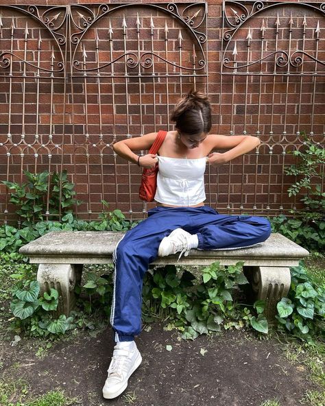 RUBY LYN on Instagram: “this heat is something else” Blue Adidas Pants, Adidas Pants Outfit, Shiny Sports, Ruby Lyn, Track Pants Outfit, Nyc Fits, Bella Hadid Outfits, Thrifted Outfits, Nylon Pants