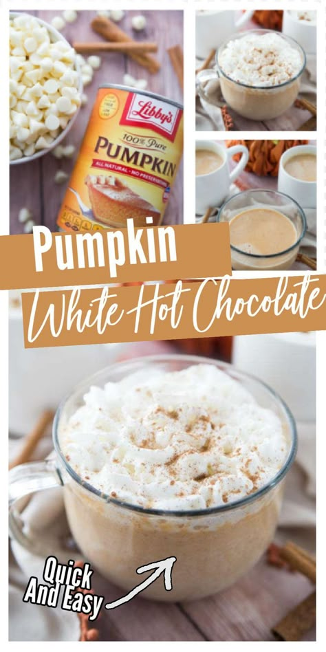 This Fun Pumpkin White Hot Chocolate is Easy and Delicious! Fall Hot Chocolate Flavors, White Chocolate Pumpkin Hot Chocolate, Pumpkin Hot Cocoa, Pumpkin White Hot Chocolate Crock Pot, Pumpkin Spice White Hot Chocolate, White Pumpkin Hot Chocolate, White Chocolate Pumpkin Coffee, White Pumpkins Recipes, Pumpkin White Hot Chocolate