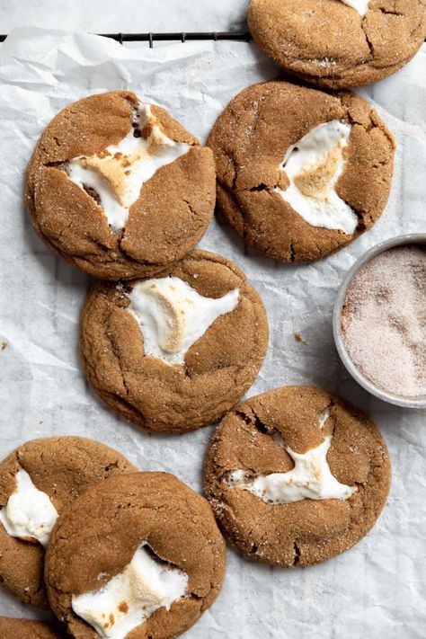 Marshmallow Stuffed Molasses Cookies - Broma Bakery Cookies Stuffed, Broma Bakery, Marshmallow Cookies, Festive Cookies, Molasses Cookies, Fall Baking, Molasses, No Bake Cookies, Cookie Bars