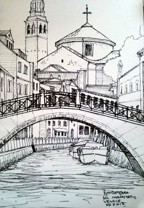 "Fondamenta del Monastero, Venice" by Seth Davenport Easy Pencil Drawings, Building Drawing, City Drawing, Perspective Art, Architecture Drawing Art, Travel Sketches, Urban Sketchers, Arte Sketchbook, Pencil Art Drawings