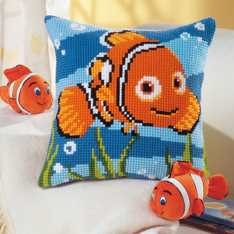 Disney - Nemo Cross Stitch Cushion Kit Nemo Cross Stitch, Cross Stitch Numbers, Needlepoint Pillow Kits, Cross Stitch Cushion, Needlepoint Pillow, Cross Stitch Pillow, Tapestry Cushion, Pola Kristik, Cross Stitch Supplies