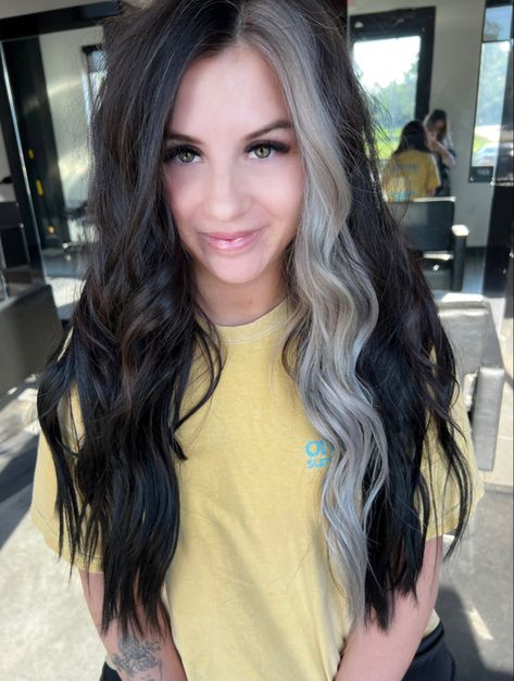 Blonde And Dark Hair Underneath, Black And Silver Color Block Hair, Black Hair With Blonde Color Block, Face Framing Grey Highlights, Black Hair Grey Streak, Black Hair Pop Of Color, Rogue Inspired Hair, Silver Color Block Hair, Dark Edgy Hair Color Ideas