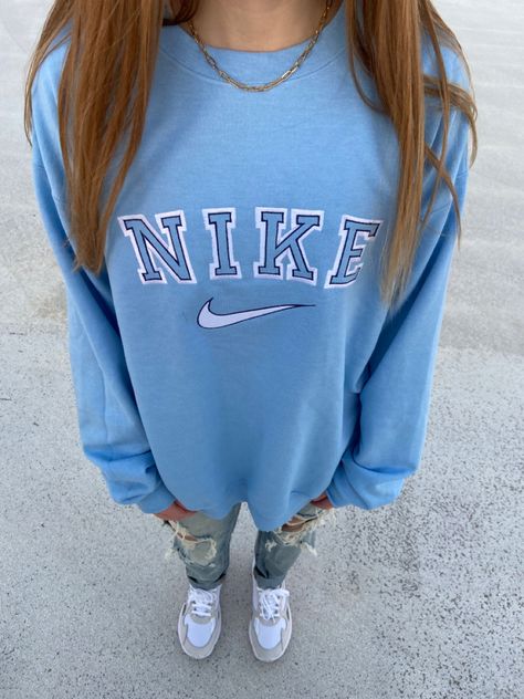 Preppy Nike Sweatshirt, Blue Nike Hoodies, Light Blue Nike Sweatshirt, Light Blue Nike Hoodie, Light Blue Sweatshirt Outfit, Nike Sweatshirt Outfit, Blue Sweatshirt Outfit, Blue Nike Crewneck, Nike Shirts Women's