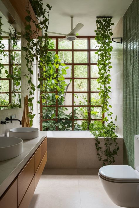 Nature Aesthetic Bathroom, Plant Filled Bathroom, Botanical Bathroom Ideas, Plants In Shower, Greenhouse Bathroom, Bathroom Bamboo, Plant Ledge, Plant Bathroom, Nature Bathroom