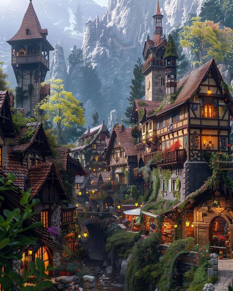 Fantasy Forest City, Mountain Village Aesthetic, Eberron Art, Elf Village, Elf City, Tiny Glade, Forest Town, Elven City, Forest Village