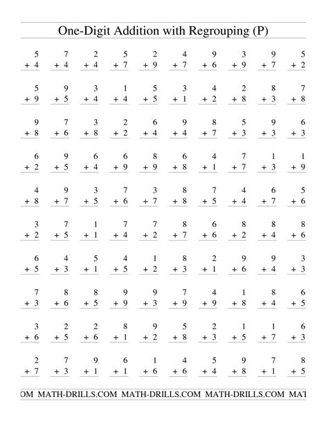 The Single Digit Addition -- Some Regrouping -- 100 per page (P) Math Worksheet from the Addition Worksheets Page at Math-Drills.com. Subtraction Facts Worksheet, Basic Math Worksheets, Math Division Worksheets, Printable Multiplication Worksheets, Multiplication Facts Worksheets, Math Multiplication Worksheets, Math Facts Addition, Math Fact Worksheets, Addition Worksheet