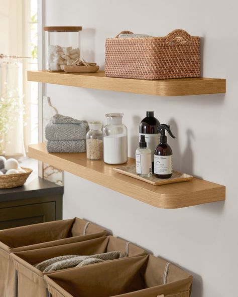 Get the Look: Create a functional laundry or mudroom with essential storage and elevated hardware details. Bathroom Wood Shelves, Oak Floating Shelves, Floating Shelves Kitchen, Floating Shelves Bathroom, Modular Shelving, Color Palette Design, Shelf Brackets, Floating Shelf, Hanging Shelves