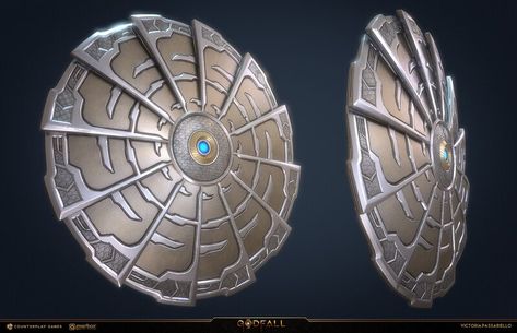 ArtStation - GODFALL PLAYER SHIELD, Victoria Passariello Steampunk Shield, Round Shield Design Concept, Fantasy Shield Design Concept, Larp Shield, Shield Fantasy, Dnd Shield, Shield Rpg, Shield Dnd, Cool Shield Designs