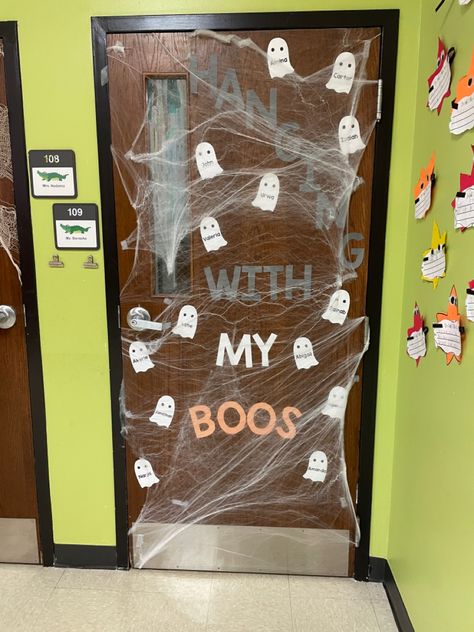 Classroom Door Decorations Welcome Back To School, Classroom Door For Halloween, October Classroom Window Ideas, Halloween Toddler Door Ideas, Halloween Door Contest Ideas Daycare, Halloween Infant Door Ideas, Ghost Door Decorations Classroom, Halloween Door Preschool, Spider Classroom Door