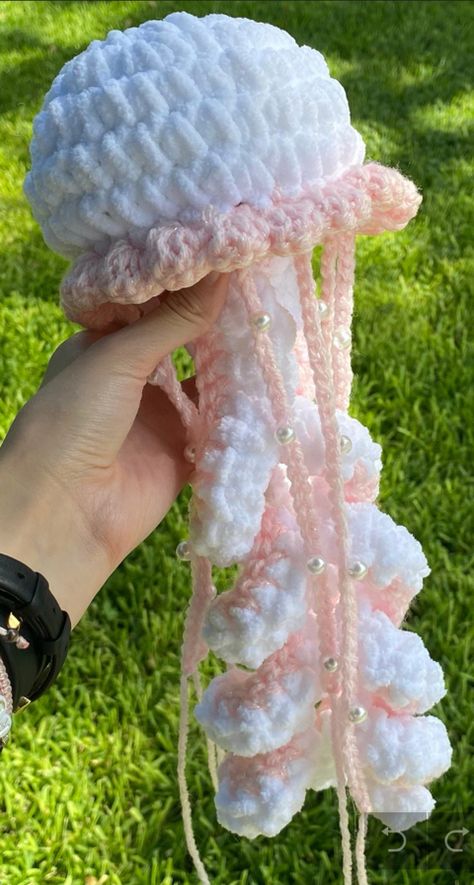 Crochet A Jellyfish, Crochet Jellyfish Plushie, Jellyfish Plushies, Crochet Jellyfish Free Pattern, Crochet Jellyfish, Hanging Jellyfish, Crocheted Jellyfish, Mushroom Jewelry, Plushie Patterns