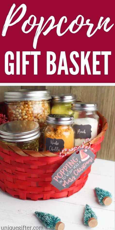 DIY Popcorn Gift Basket | Gift Baskets | DIY Gift Baskets | Creative Gift Basket Idea | Popcorn Gift | Inexpensive Gifts | #gifts #giftguide #presents #popcorn #giftbasket #basket #inexpensive #uniquegifter Popcorn Christmas Gifts, Popcorn Basket, Cheap Homemade Gifts, Popcorn Gift Basket, Popcorn Labels, Movie Night Gift Basket, Diy Popcorn, Christmas Popcorn, Creative Gift Baskets