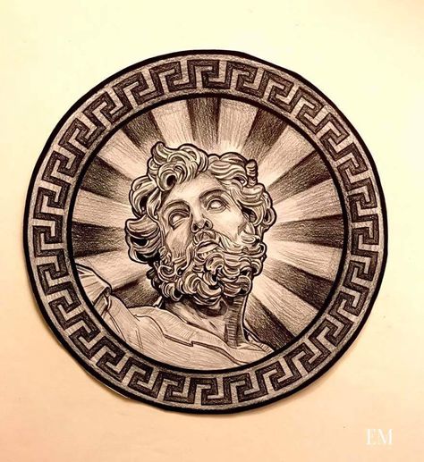 Tattoo inspiration Greece Tattoo Mythology, Circle Portrait, Greece Tattoo, Greek God Tattoo, Chicano Tattoos Sleeve, Man Drawing, Ancient Tattoo, Circle Tattoo, Greek Mythology Tattoos