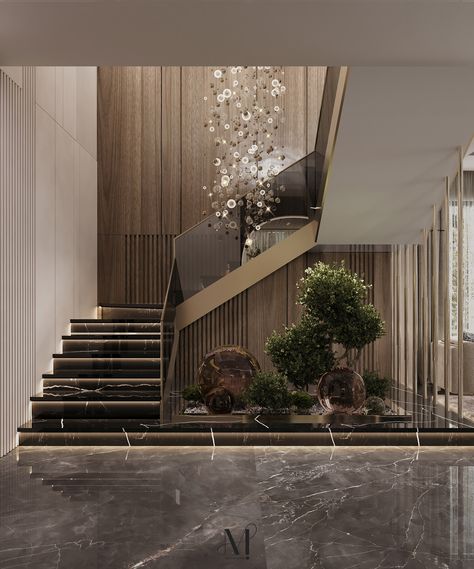 Luxury Reception :: Behance Villa Reception Interior Design, U Staircase, Vip Entrance, U Shaped Stairs, House Hall Design, Architectural Trees, Luxury Reception, Luxury Stairs, Stairs Wall