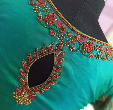 Boat Neck Aari Blouse Designs, Boat Neck Aari Work Designs, Aari Work Designs, Latest Fashion Blouse Designs, Blouse Designs Aari Work, Butterfly Stitch, Green Blouse Designs, Magam Work, Blouse Maggam Work