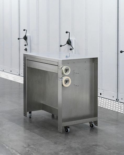 Stainless steel tool cart trolleys by @perronetfreres. These custom trolleys are specifically designed to meet the needs of every fashion archive warehouse. Every tool has its place in the drawers, ensuring easy access in the vast space. 📸 @neigeaugustaceleste #industrial #design #architecture #stainlesssteel Industrial Trolley, Tool Trolley, Furniture Portfolio, Office Stationary, Tool Cart, Fashion Archive, Garage Cafe, Aluminum Extrusion, Tool Organization