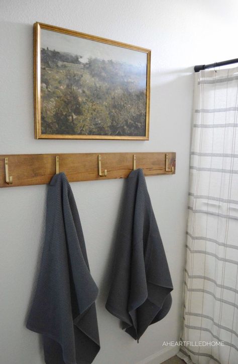 Fixer Upper Bathroom Ideas, Bathroom Towel Hanging Ideas, Towel Hanging Ideas, Builder Grade Bathroom, Small Bathroom Towel, Boy Bathroom, Miller House, Bathroom Towel Hook, Bathroom Towel Decor