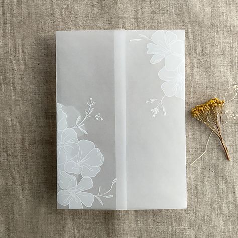 Wedding Invitation Vellum Wrap, Hibiscus Wedding, Camelia Flower, Printing On Tissue Paper, Printed Vellum, Vellum Wrap, Boda Ideas, Acrylic Invitation, Luxury Packaging Design