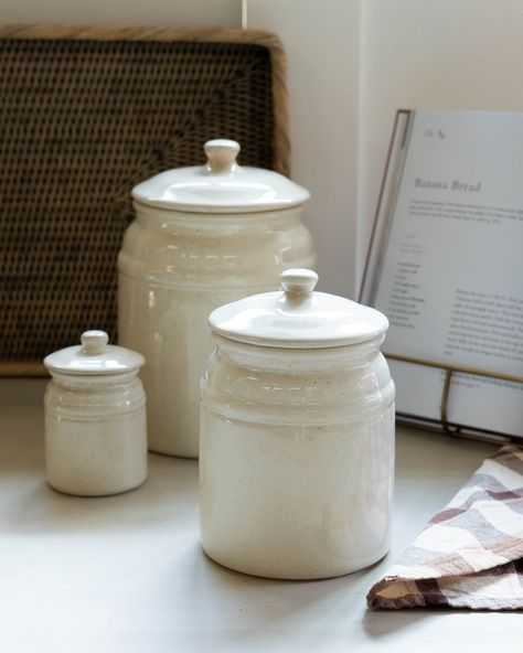 New in, beautiful stoneware canisters blending rustic durability with elegance. Available in three sizes. #hudsonhome #wherebeautifullivingbegins #kitchendecorideas #kitchendecor #kitchenstorage #canisterset #stonewearpottery Stoneware Canisters, Organize Your Pantry, Non Perishable, Hudson Homes, Tea Cookies, Studio Mcgee, Pet Treats, Canister Sets, Canisters