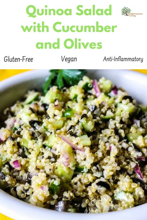 This quinoa salad recipe is vegan, gluten-free, and anti-inflammatory! #quinoa #glutenfree #antiinflammatory #mediterraneandiet #mediterranean #salad #recipes #mediterraneandietrecipes Anti Inflammation Quinoa Salad, Aip Quinoa Recipes, Anti Inflammation Recipes Vegetarian, Vegan Antiinflammatory Recipes, Csid Diet, Antiinflammatory Recipe, Fertility Meals, Mediterranean Salad Recipes, Mediterranean Salad Dressing