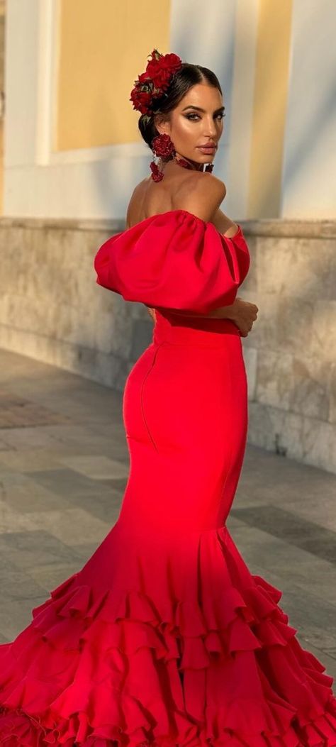 Flamenco Wedding Dress Spanish Style, Wedding Dress Spanish Style, Red Salsa Dress, Flamenco Wedding Dress, Flamenco Wedding, Spanish Style Dress, Red Salsa, Salsa Dress, Spanish Style