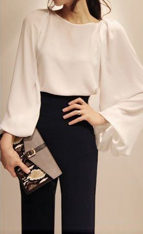 bell sleeve blouse Chiffon Shirt Blouse, Chiffon Blouses, White Shirt Blouse, Puff Long Sleeves, Chiffon Long Sleeve, Chiffon Shirt, Chiffon Blouse, Casual Blouse, Style Outfits