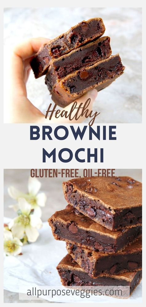 These chocolate chip & banana mochi brownies are simply amazing! Rich, Fudgy and loaded with Chocolate Chips, these make perfect snacks for anyone who loves the chewy, toothsome bite of a traditional mochi but looking for something different. It’s also gluten-free, dairy-free and made with good-for-you ingredients such as bananas and almond butter. Treat yourself and your family to something new and unbelievably tasty! #mochi #brownie #glutenfreebaking #chocolate Mochi Brownie, Banana Mochi, Mochi Brownies, Mochi Recipes, Squares Recipes, Blondie Recipes, Perfect Snacks, Brownies Recipes, Lithuanian Recipes