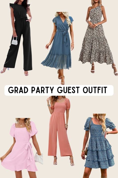 This ensemble ensures you look polished and festive while celebrating the graduate's achievements. Party Guest Outfit, Dressy Sandals, Outfit For Women, Comfortable Footwear, Chic Dresses, Grad Party, Grad Parties, Party Guests, Guest Outfit