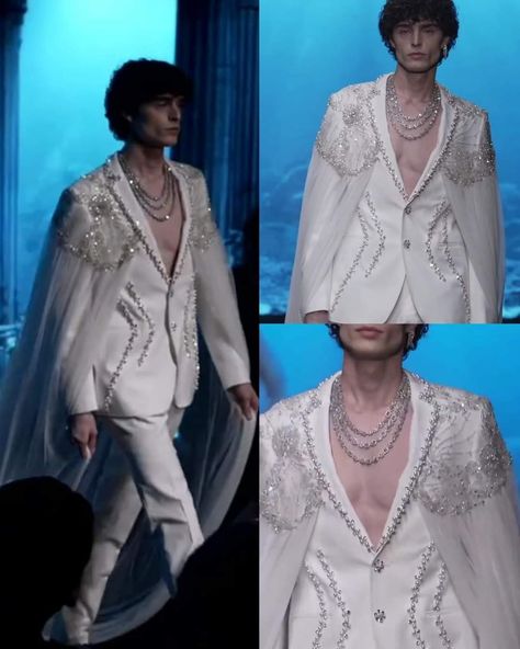 Lace Male Outfit, Metgala Inspired Outfits Men, Royal Core Aesthetic Outfits Men, Suit With A Train Men, Extra Suits Men, Men Special Occasion Outfit, Mens Met Gala Looks, Prince Costume Aesthetic, Fairytale Men Outfit