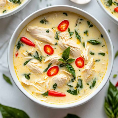 Thai Basil Soup, Soup Recipes Spicy, Thai Soup Recipes, Chicken Coconut Soup, Recipes Spicy, Crockpot Chicken Thighs, Chicken Coconut, Creamy Tomato Basil Soup, Thai Coconut Soup