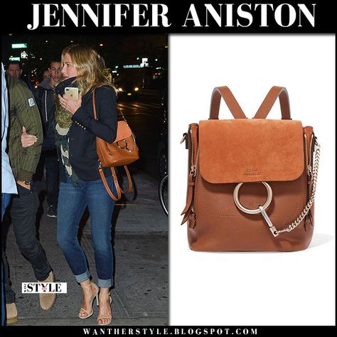 Jennifer Aniston with brown leather Chloe backpack Leather Backpack Outfit, Fall Street Fashion, Chloe Backpack, Minimalist Bags, New York October, Jennifer Aniston Style, Backpack Outfit, Brown Backpacks, Brown Leather Backpack