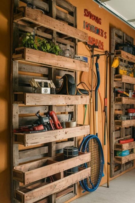 15 DIY Garage Shelves [For Every Item] – craftydiyers.com Diy Wood Garage Shelves, Pallet Garage Shelves, Diy Tool Storage Organizing Ideas, Wooden Garage Shelves, Garage Shelves Diy, Shed Shelving, Diy Pipe Shelves, Garage Organizing, Garage Wall Storage