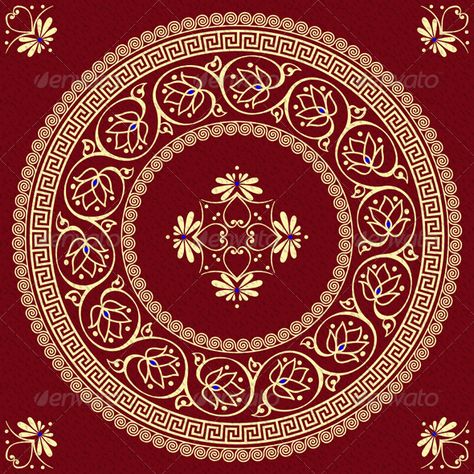 set Traditional vintage golden round Greek ornament (Meander) and floral pattern on a red background.    More backgrounds, ornamen Greek Ornament, Alpona Design, Greek Pattern, 11 December, Greek Design, Ornament Pattern, Image Vector, December 13, Mandala Design Art