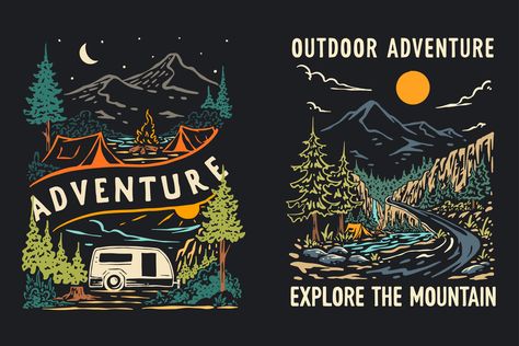 Tshirt Illustration Design, Adventure Graphic Design, Vintage Retro Illustration, Camping Tshirt, Edc Wallet, Outdoorsy Style, Bike Drawing, Hipster Design, Mountain Logos