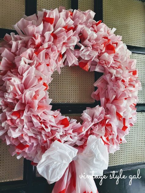 How to Make a Tablecloth Wreath Using Plastic Tablecloths | Vintage Style Gal Tablecloth Wreaths, Plastic Tablecloth Decorations, Tablecloth Wreath, Make A Tablecloth, Cloth Wreath, Tablecloth Decorations, Plastic Table Cloth, Vlog Ideas, Mesh Wreaths Diy