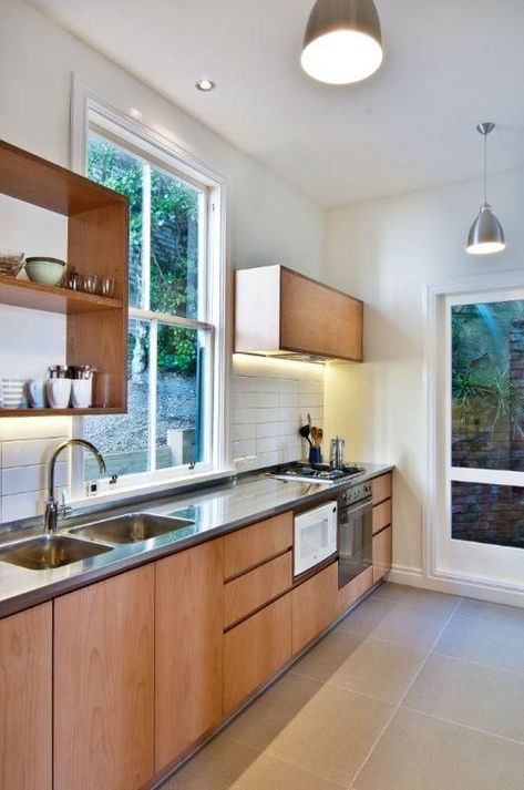 kitchen window curtains over sink modern Stainless Steel Kitchen Counters, Mid Century Modern Kitchen Remodel, Mid Century Modern Kitchen Design, Kitchen Backsplash Tile Designs, Ceramics Tile, Mid Century Remodel, Backsplash Tile Design, Modern Kitchen Remodel, Stainless Kitchen