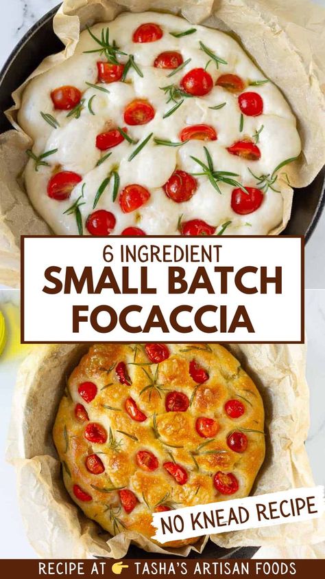 focaccia being made and baked with text overlay that reads 6 ingredient small batch focaccia no knead recipe Focaccia Bread Pizza Dough, 1 Cup Flour Focaccia, Small Focaccia Bread, Foccacia Bread With Tomatoes, Easy Homemade Focaccia Bread, Easy Focaccia Bread Recipe Fast, Fluffy Focaccia Bread Recipe, Facassica Bread, Foccacia Bread Recipes Small Batch