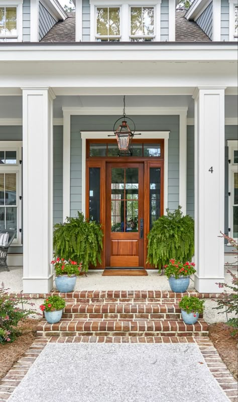 Charleston Homes Exterior, Coastal Farmhouse Exterior, Unique Front Doors, Brick Steps, Bluffton Sc, Charleston Homes, Southern House Plans, Farmhouse Remodel, Exterior Remodel