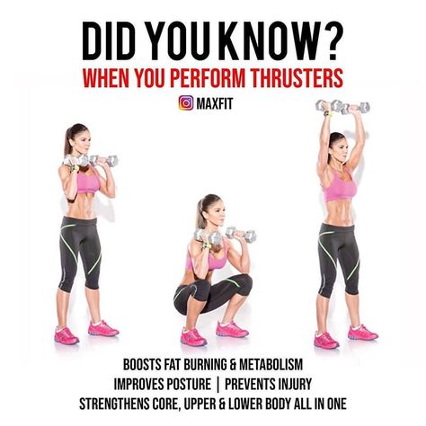 Health, Fitness & Motivation on Instagram: “🔥THRUSTERS🔥 Did you know?😅 . 💥 THRUSTER BENEFITS - Perform then with any free-weights...like dumbbells, barbells, kettlebells. Most of our…” Dumbell Thrusters, Leg Training, Compound Exercises, Overhead Press, Abdominal Fat, Improve Posture, Dumbbell Workout, Fitness Trainer, Injury Prevention