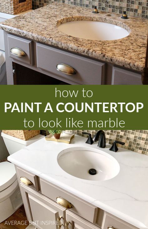 This is AWESOME! Who knew you could paint a countertop to look like marble? See how this blogger painted her granite countertop and made her bathroom look so much better as a result! #paintedcountertops #paintedcountertopsdiy #paintedcountertopsgranite #paintedcountertopsbathroom Diy Paint Bathroom Countertop, Marble Countertop Bathroom Ideas, Update Bathroom Countertops Diy, Painting A Countertop Bathroom, Diy Paint Countertops Bathroom, How To Paint A Bathroom Countertop, How To Redo Bathroom Countertops, Redoing Bathroom Countertops, Updating Bathroom Countertops