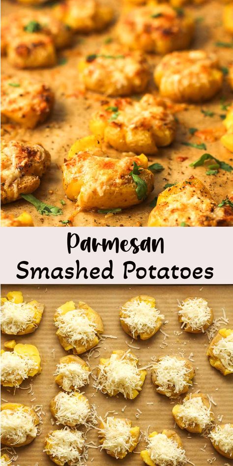 Parmesan smashed potatoes are crispy, oven-roasted potatoes that are smashed to create extra surface area for golden, crunchy edges. Topped with parmesan cheese and a hint of seasoning, they’re a deliciously savory side dish with a satisfying texture. Smashed Potatoes With Sauce, Garlic Parmesan Small Potatoes, Smash Parmesan Potatoes, Parmesan Crusted Potatoes Smashed, Oven Roasted Cheesy Potatoes, Crispy Potatoes In Oven Smashed, Roasted Mini Potatoes Oven Crispy, Twice Baked Smashed Potatoes, Smashed Potatoes Baked Parmesan