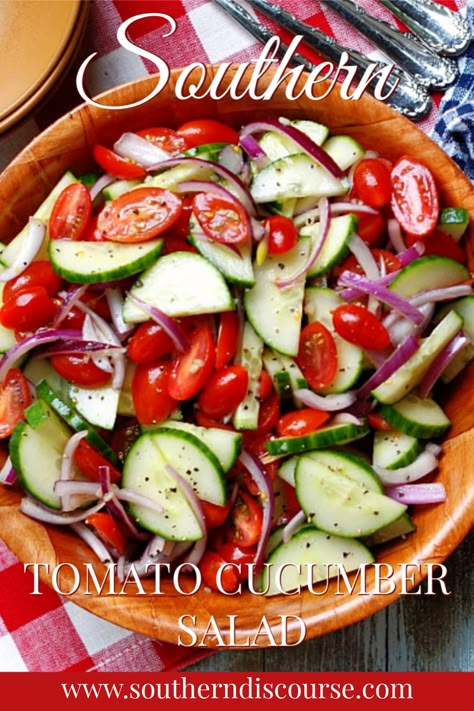 Light & crisp, this simple tomato cucumber salad with slivers of red onion and a lightly sweet and tangy vinegar dressing is that kind of dish.  It’s perfect for picnics, cookouts, potlucks and just about any meal. Cucumber Tomato And Red Onion Salad, Cucumber And Tomatoes Salad Recipes, Tomatoe Cucumber Onion Vinegar, Tomatoes Cucumber Onion Salad, Cucumber Tomato Vinegar Salad, Cuke Tomato Onion Salad, Tomato Cucumber Red Onion Salad, Cucumber Red Onion Salad Vinegar, Cucumber Tomato Onion Salad Vinegar