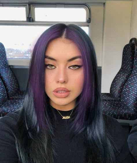 Hair Dye Color For Curly Hair, Black Hair With Purple Curtain Bangs, Dark Teal Money Piece Hair, Black Hair With Dark Purple Money Pieces, Purple Hair Front Pieces, Black Hair With Purple Front Pieces, Dark Purple Money Piece Hair, Purple Underlayer Hair, Hair Color Underneath Purple