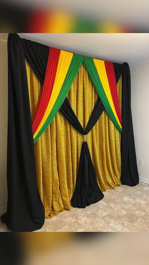 Rasta Wedding, Family Reunion Decorations, Ribbon Backdrop, Backdrop Diy, African Theme, Diy Wedding Backdrop, Yellow Curtains, Curtain Backdrops, Gold Curtains