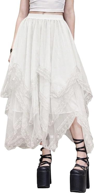 SHENHE Women's Lace Trim Layered Mesh Tulle Skirt High Waist Asymmetrical Long Goth Skirt White Small at Amazon Women’s Clothing store Long Goth Skirt, Layered White Skirt, White Layered Skirt, Park Outfit, Goth Skirt, Lace Maxi Skirt, White Lace Skirt, White Long Skirt, Bridal Skirts