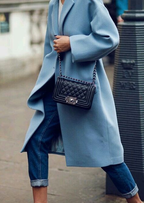 # Cerulean Blue ~ wool coat with Chanel bag and jeans Mantel Styling, Mode Chanel, Blue Coat, Looks Street Style, Blue Coats, Mode Inspo, Inspiration Mode, Looks Style, Mode Inspiration