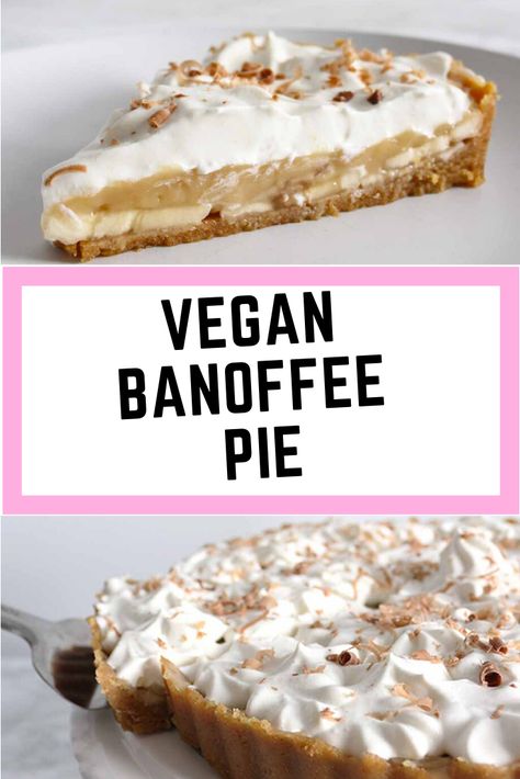 Easy banoffee pie recipe with a vegan twist. A crunchy, sweet biscuit base filled with thick caramel, sliced bananas and dairy-free whipped cream. Vegan Banoffee, Easy Banoffee Pie, Vegan Banoffee Pie, Banoffee Pie Recipe, Vegan Pies Recipes, Vegan Dessert Recipe, Vegan Pie, Vegan Cake Recipes, Banoffee Pie