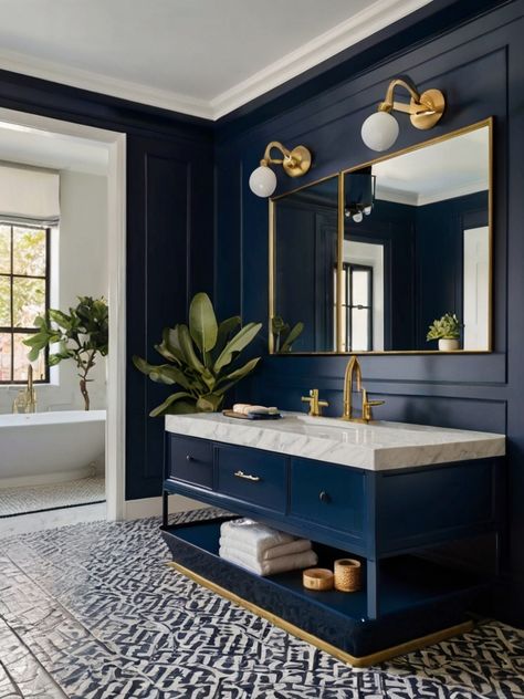 10 Captivating Navy Bathroom Ideas - Homezillo Navy Bathroom Ideas, Clawfoot Tub Ideas, Designing A Bathroom, Clawfoot Tubs, Navy Bathroom, Statement Tiles, Condo Bathroom, Wc Design, Laundry Room Flooring