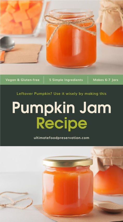 Fall season is just around the corner and what better way to make the most out of your pumpkin surplus than to turn them into a tasty jam. This quick and easy vegan and gluten-free pumpkin jam recipe is a homemade treat pumpkin spice lovers will surely enjoy.| More jam and jelly recipes at ultimatefoodpreservation.com #jamrecipes #homemadejam #howtomakejam #canningjam #veganrecipes Pumpkin Jam Canning, Pumpkin Jam Recipe, Jam And Jelly Recipes, Pumpkin Jelly, Vegan Jam, Healthy Sauce Recipes, Beer Jelly, Jam Canning, Canning Jam Recipes